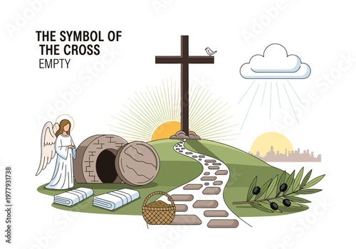 Easter Sunday scene with empty tomb, cross, and angel celebrating resurrection, symbolizing hope and new beginnings
