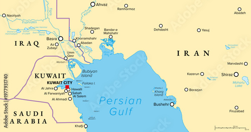 Head of the Persian Gulf, political map showing Kuwait, a country in West Asia and the Middle East, in the edge of Arabian Peninsula, with Bubiyan Island, part of the Shatt al-Arab river delta. Vector