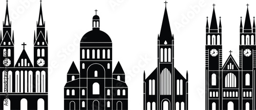 Church and cathedral icon set, gothic architecture buildings with towers domes and crosses, religious landmarks vector illustration isolated on white background