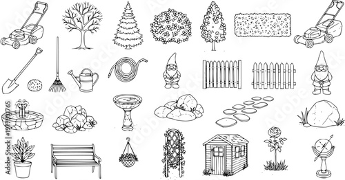 Line Art Set of Gardening Tools and Elements: Collection of Outdoor Garden Landscape Objects and Decorations Sketch