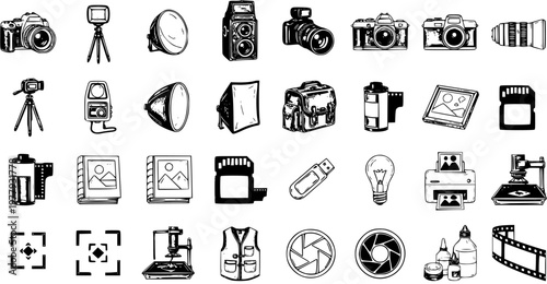 Hand-drawn photography equipment and tools icon set. Doodle sketch collection of cameras, lenses, tripods, flashes, memory cards, and other photo studio essentials.