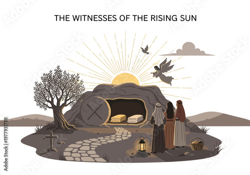 Easter morning Women discover the empty tomb as the sun rises, symbolizing resurrection and hope