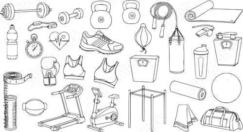 Detailed collection of black and white outline fitness and gym equipment illustrations. Includes weights, machines, apparel, and accessories for health and workout concepts.