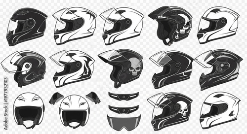 Collection of Motorcycle Helmets - Diverse Styles and Designs for Riders.