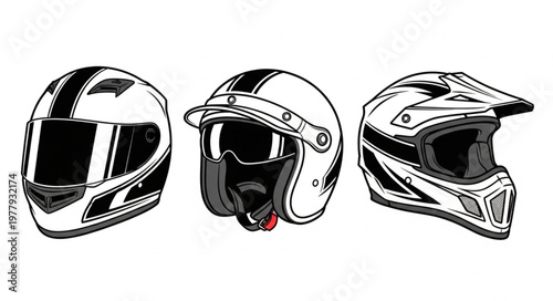Three Motorcycle Helmets - Full Face, Open Face, and Motocross Style.