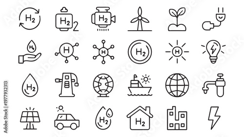 A collection of clean energy and sustainability icons, including solar, wind, water, and hydrogen power, symbolizing a green future