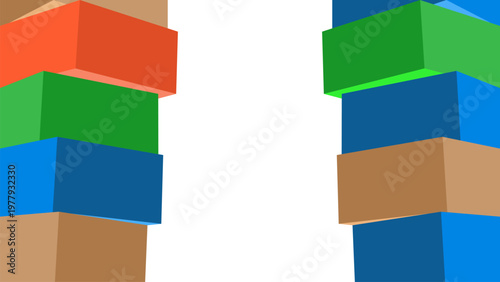 Floating arrangement featuring layered cubes in blue, green, brown, and vibrant orange