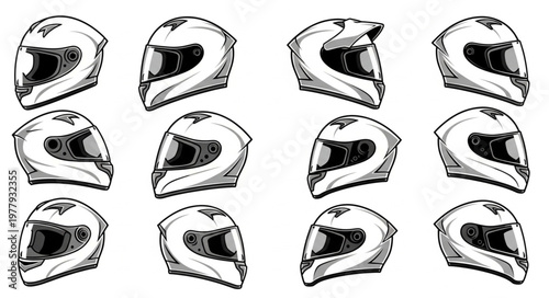 Collection of Motorcycle Helmets in Various Angles and Styles.
