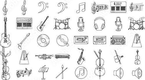 Detailed Hand Drawn Music Line Art Collection: Assorted Musical Instruments, Audio Equipment, and Music Symbols Doodles and Sketches Set