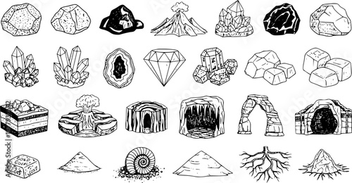 Hand-Drawn Rocks, Crystals, Minerals, Geological Formations  Earth Elements Doodle Set