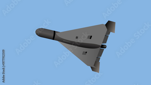 Gray stealth aircraft glides against clear blue sky. Design suggests advanced military technology and speed. No visible people or emotions are present in this scene. Ideal for defense, aviation