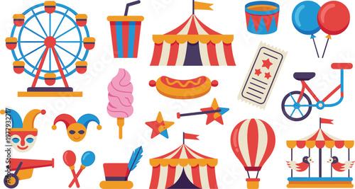 Colorful carnival amusement park icon set with ferris wheel circus tent balloons cotton candy tickets carousel and festival elements vector illustration