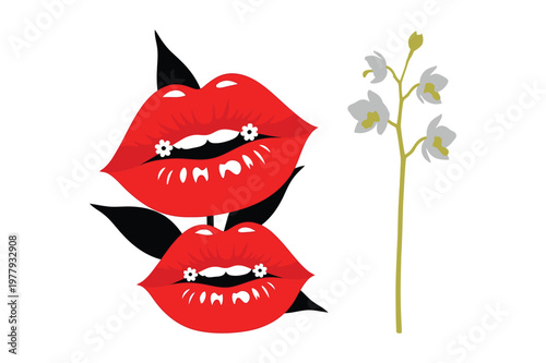 Red lips with piercings and delicate flower sprig vector art, botanical