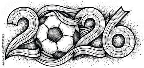 Artistic illustration 2026 with soccer ball flowing lines vintage style.