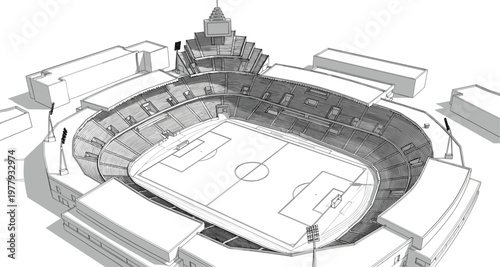Aerial view of a football stadium with clear white lines on grass and seating for spectators.