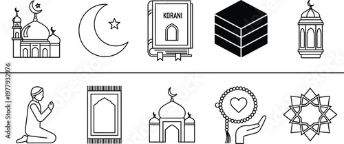 Collection of Islamic symbols including mosque, crescent moon, Quran, Kaaba, and lantern.