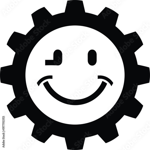 Smiling gear with a wink, happy face emblem for industry or engineering concepts.