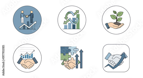 Business Growth Icons: Partnership, Progress, Investment, Teamwork, Strategy, Success