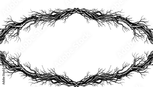 Abstract dark thorny branches forming oval frame on transparent background.