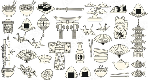 Japanese cultural icons and symbols in a monochrome illustration.