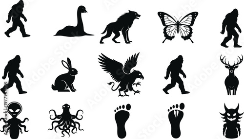 Collection of mythical creature silhouettes and cryptids, folklore and fantasy characters.