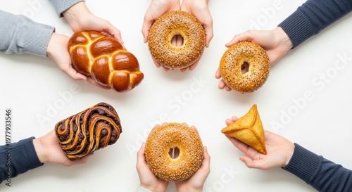 Hands holding assorted sweet breads together.