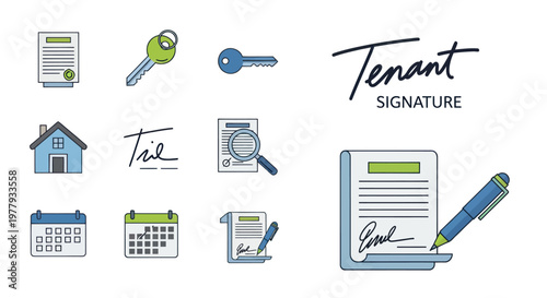 Tenant Signature Collection: Lease Agreement Icons, Key, House, Calendar, Magnifying Glass
