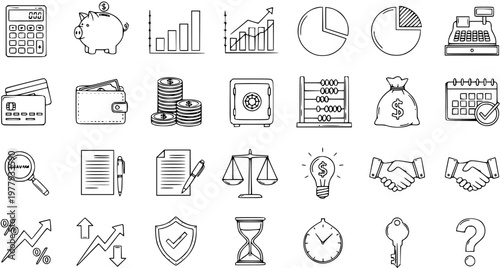 Hand drawn business and finance line art icons set. Collection of doodle sketches for economy, money, banking, investment, planning, security, and growth concepts.