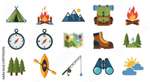 Camping and Outdoor Adventure Icons: Tent, Fire, Backpack, Compass, Kayak, Map, Binoculars