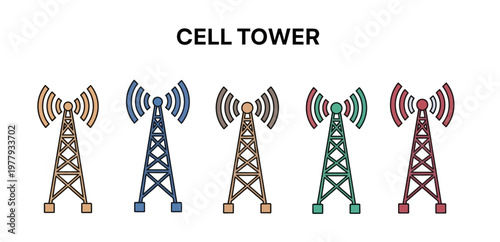 Colorful cell tower icons representing different mobile network providers and global wireless communication infrastructure
