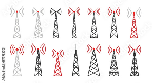Radio antenna tower icons set for broadcasting and telecommunication signal transmission in flat minimalist design