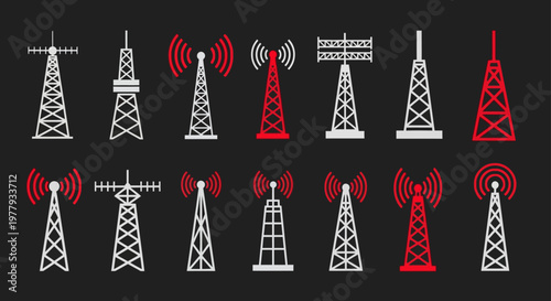 Mobile network tower icons on dark background with red signal waves representing cellular broadcasting and wireless internet connectivity