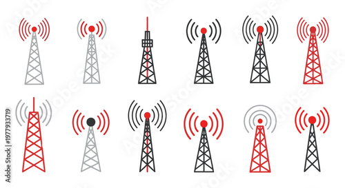 Telecommunication tower icon set with red signal waves for network connectivity and wireless transmission technology