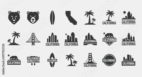 California state icons and symbols set including grizzly bear, golden gate bridge, and palm trees for travel branding