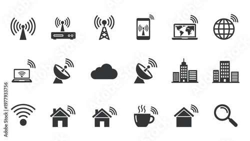 Global technology and smart home icon set with reflections representing internet of things and wireless communication