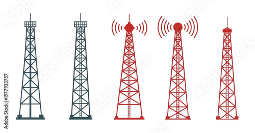 Minimalist radio tower icons with signal waves set isolated on white background for telecommunication and broadcast concepts