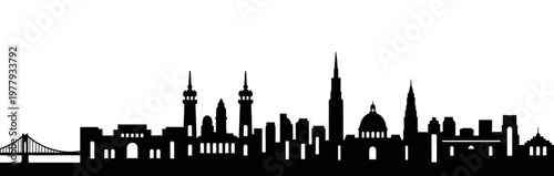 City skyline silhouette with bridge and historical buildings featuring a clean horizon for block text placement