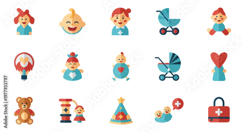 Baby and Child Care Icons: Health, Play, and Family Flat Design Vector Set