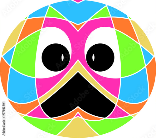 Abstract geometric circle pattern with funny eyes, beak, and cartoonish face features