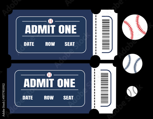Baseball tickets, admit one, ticket stubs, baseball vector icons, sports tickets