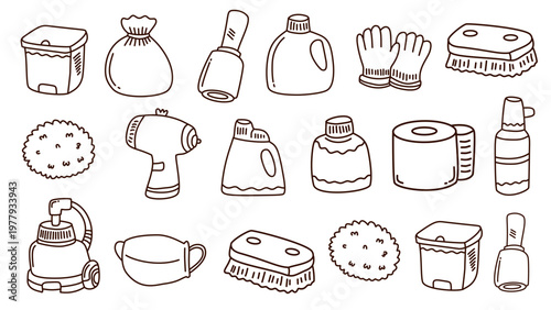 domestic utility and laundry supplies for home maintenance and cleaning routine doodles