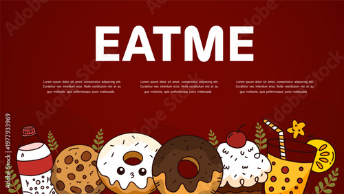 dark red food banner with various snacks and drinks at the bottom