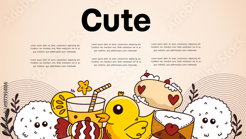 cute yellow duck character with delicious snacks and sweet desserts doodle collection