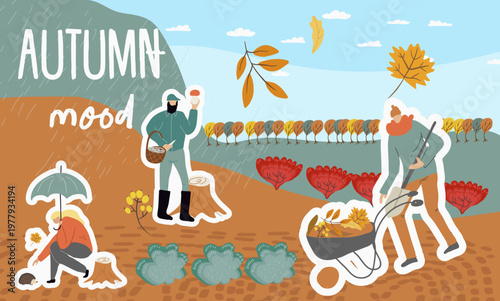 Collage Autumn mood, fall season. Horizontal banner, hand drawn vector illustration.