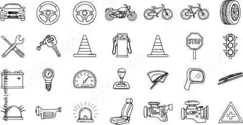Automotive Icon Set: Car, Motorcycle, Bicycle Parts  Driving Elements Line Art