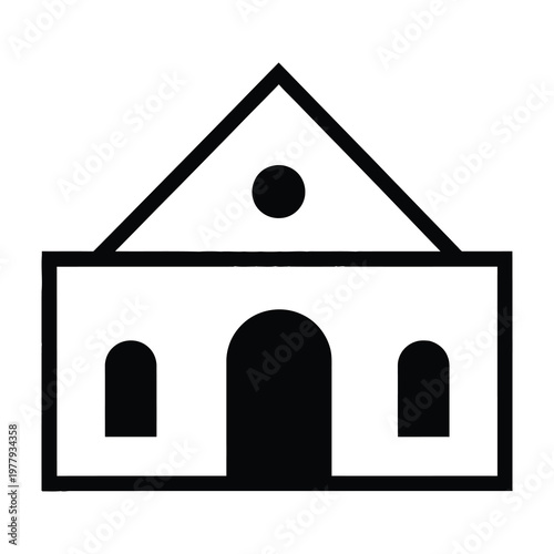 Simple black and white illustration of a house with triangular roof and arched doorway