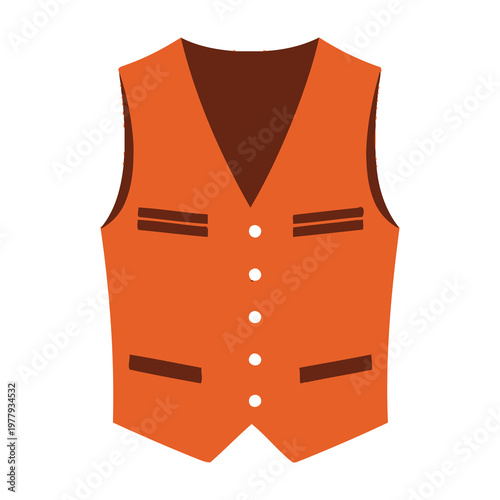 orange safety vest with brown accents and white buttons