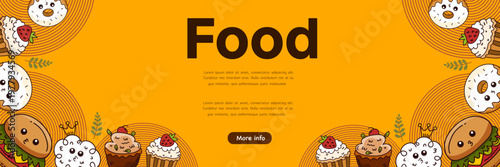 delicious burger and cupcake snacks on orange background for food festival banner