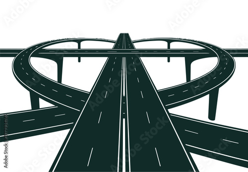 Highway interchange ramps form a complex network of roads against a simple white background.