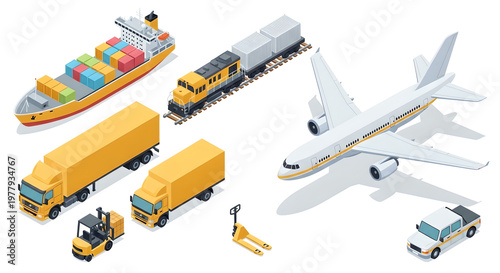 An extensive isometric collection of various transportation vehicles including a cargo ship, freight train, trucks, airplane, and forklift, illustrating global logistics.